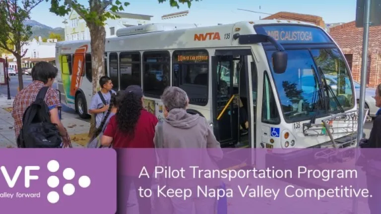 Commuters board an NVTA bus, with Napa Valley Forward logo overlaid on image