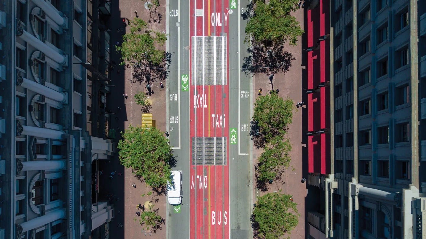 Aerial of the Van Ness Bus Rapid Transit lanes in San Francisco.