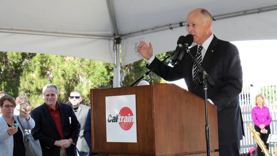 California Governor Jerry Brown speaks to the crowd