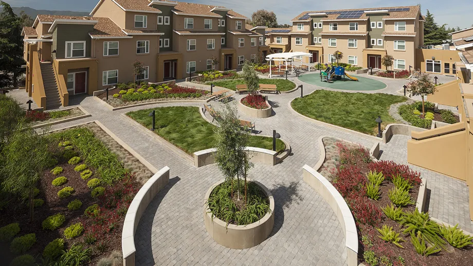 An aerial view of the couryard at Eden Housing's property Ford Road Plaza in San Jose