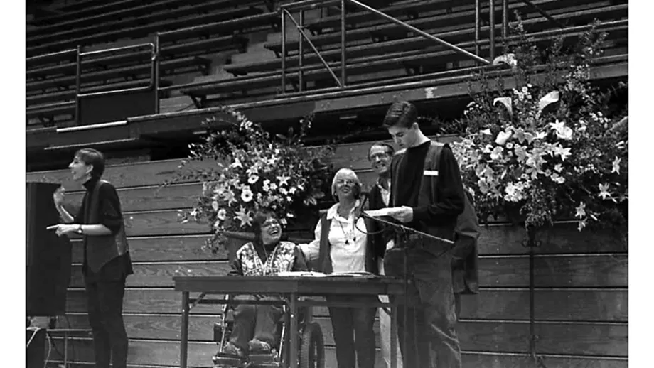 Lee Roberts spoke at the UC Berkeley memorial service held after Ed died in March 1995. Judy Heumann, Zona Roberts and Ron Roberts were watching.