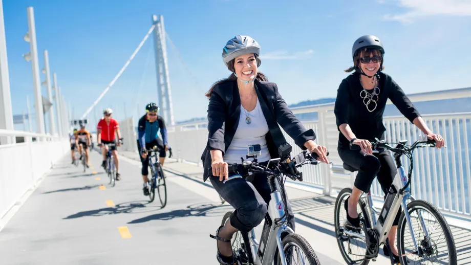 Mayor Libby Schaaf, along with former New York City transportation commissioner Janette Sadik-Khan, rode from Oakland across the East Span bicycle and pedestrian path to attend the open ceremony for the Yerba Buena Island Vista Point