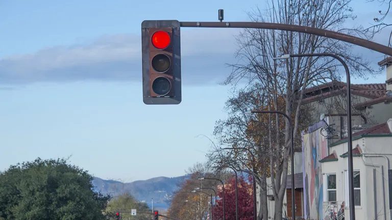 Red light traffic signal on University Avenue in Berkeley.