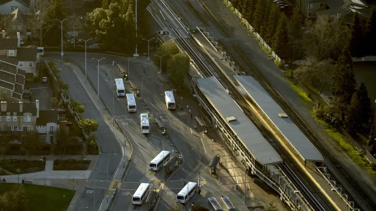 Aerial photo of Hayward BART Station and AC Transit buses