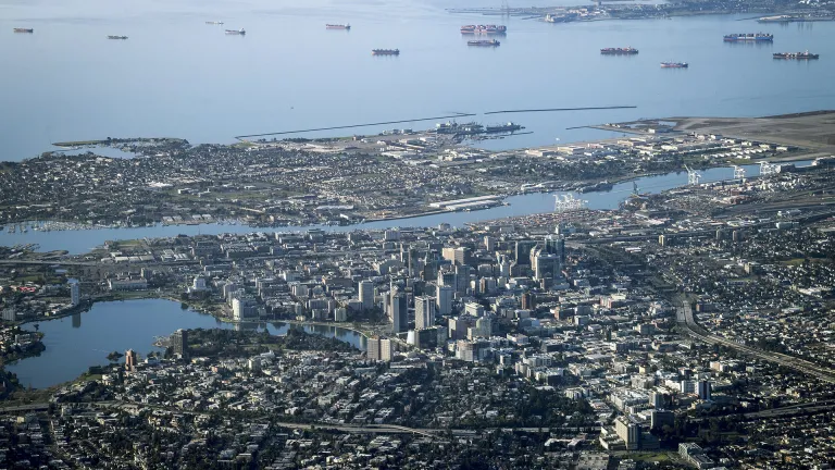 Aerial of Alameda County, with Oakland and the San Francisco Bay.