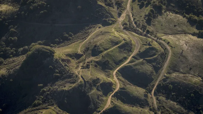 Aerial of the green rolling hills of Alameda County.