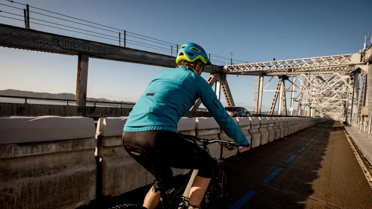  A cyclist on the Richmond-San Rafael Bridge bicycle/pedestrian path