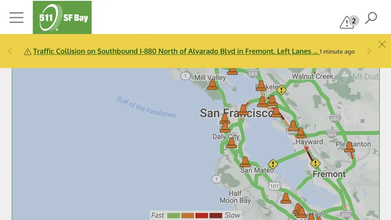 Screen capture of the 511.org homepage that shows a regional map and real-time transportation alerts.