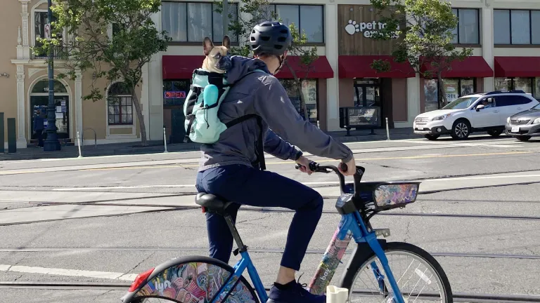 A person riding a Bay Wheels bikeshare bicycle in San Francisco, with a dog in their backpack.