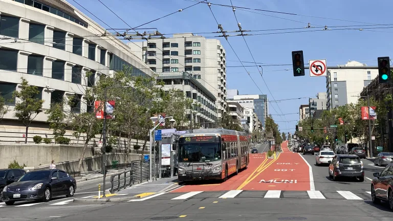 A bus rapid transit lane in San Francisco helps Muni buses bypass traffic on Van Ness Avenue.