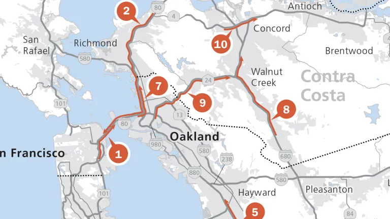 Map of the Bay Area, with most congested freeways labeled.