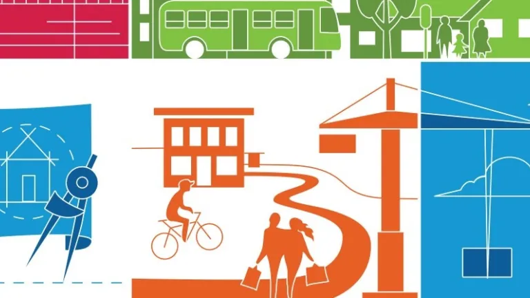 Illustrated cover image with people walking and bicycling and infrastructure, such as bridges and buses.