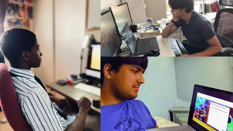 A collage of three students from the 2022 Bay Area Summer Academy, each participating in the program from home.