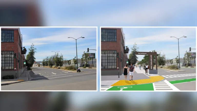Photo of current conditions and a rendering of the proposed project solution at the intersection of Grand Avenue and Mandela Parkway in West Oakland.