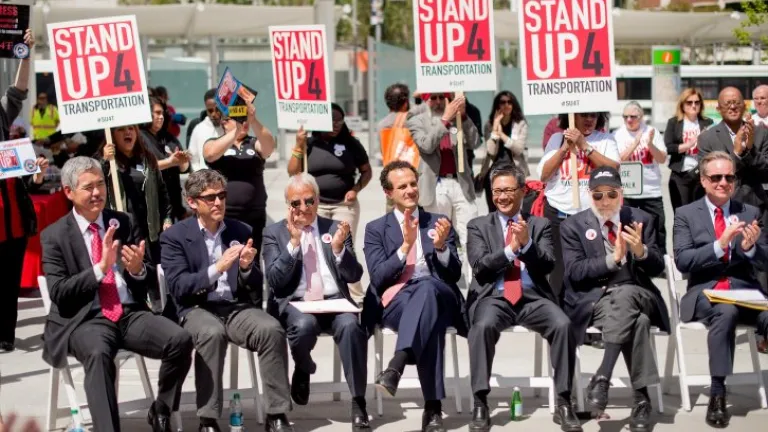 Bay Area and Calif. officials seated at the press event for Stand Up for Transportation