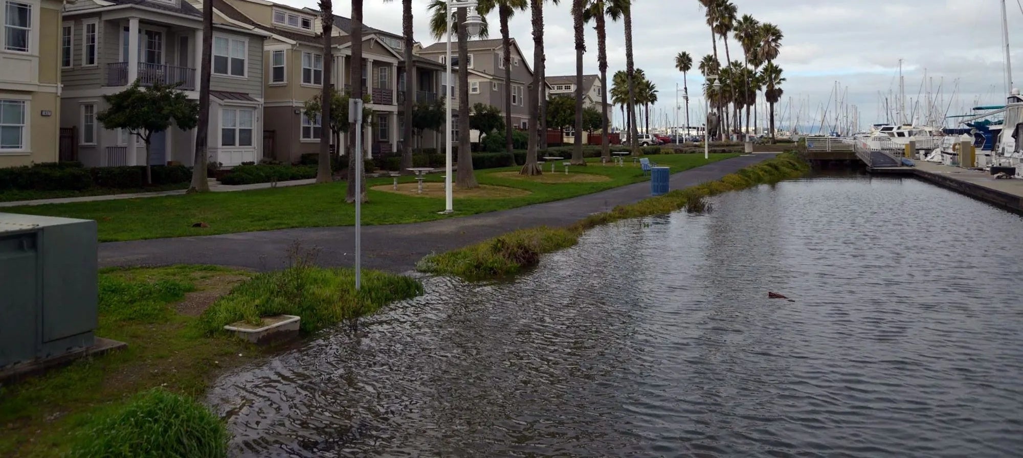 The footpath in front of the new condo construction on the Grand Marina in Alameda. The condos have raised steps up to their front doors (about 1 foot high), but during a high tide with storm surges water will reach the front doors.