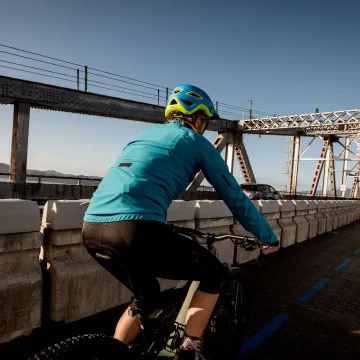  A cyclist on the Richmond-San Rafael Bridge bicycle/pedestrian path