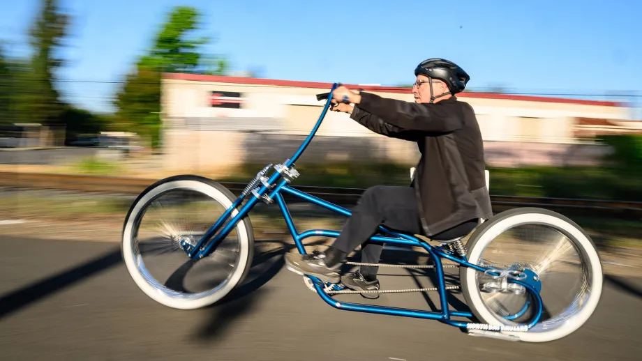 A cyclist on a low rider bike on Bike to Wherever Days 2025.