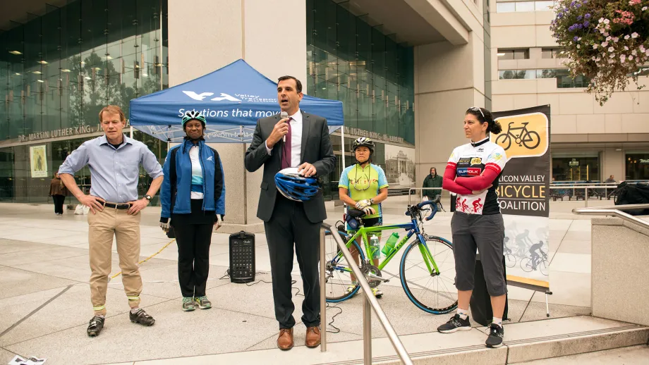 MTC Commissioner and San Jose Mayor Sam Liccardo headlines a Bike to Work Day press conference at the Dr. Martin Luther King, Jr., Library in downtown San Jose