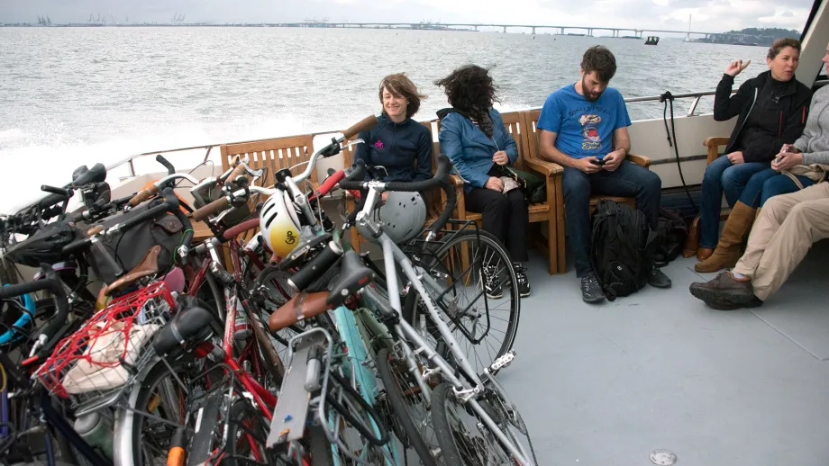MTC's Manager of Government Relations Rebecca Long (at left), rides the Berkeley to San Francisco Tideline Ferry