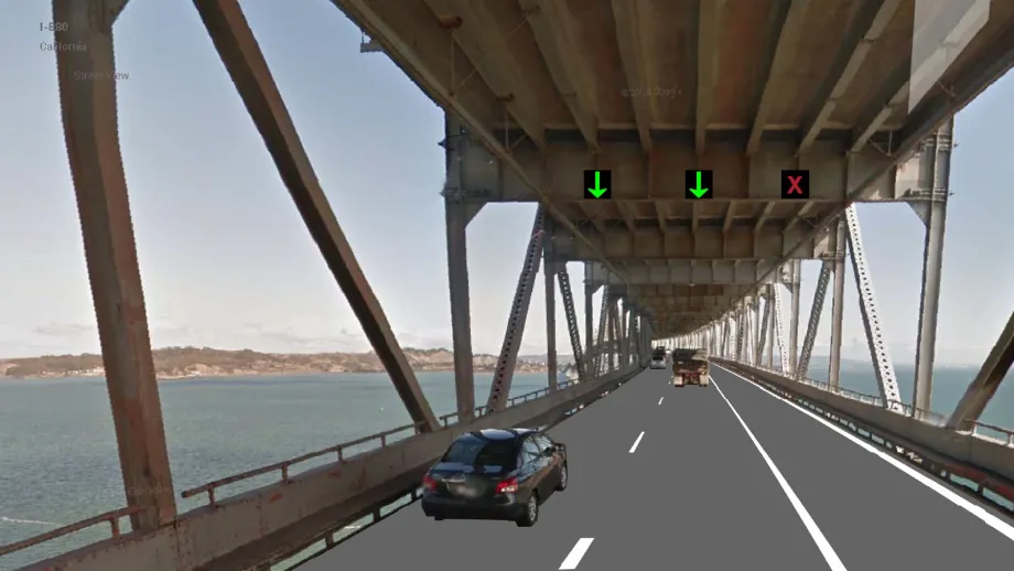 The shoulder of eastbound I-580 on the Richmond-San Rafael Bridge will be converted to a new, third vehicle lane (seen on the right in this rendering), which will be open to traffic during the afternoon peak hours under the proposed project.