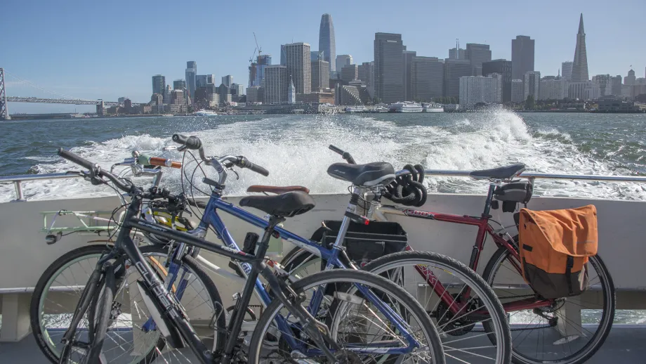 San Francisco skyline from Tideline ferry with bicycles