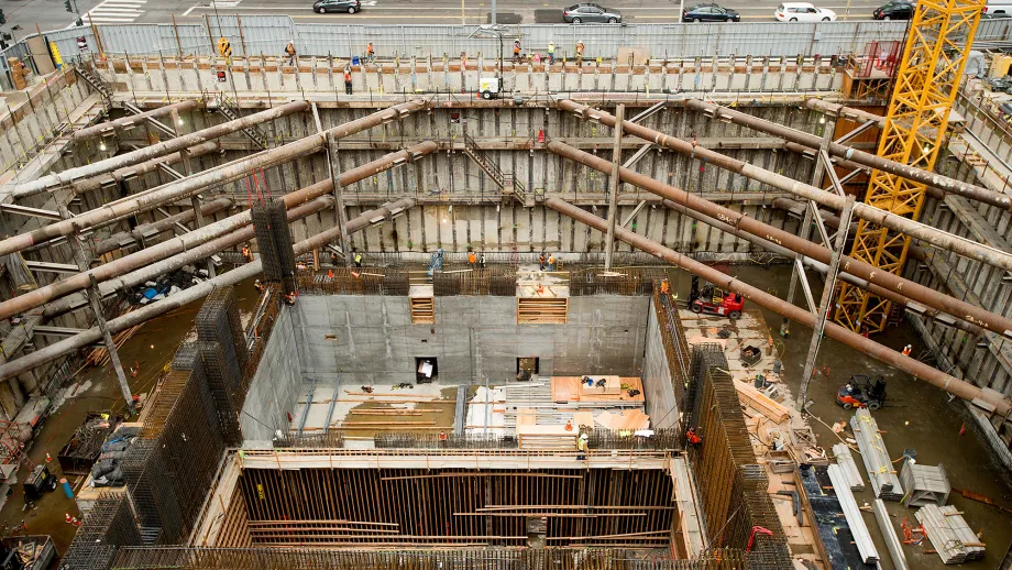 Braces cross the foundation of the Salesforce Tower which will connect to the Transbay Terminal