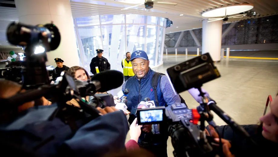 Charles Duffey, who rode aboard the first AC Transit bus to arrive at the Salesforce Transit Center during regular service, speaks with reporters upon arriving. "The old station looked like World War II. This is the new age," he said.