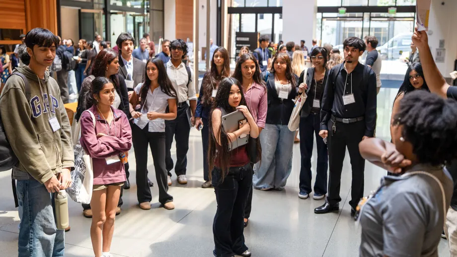 High school students from the 2026 cohort of the Norman Mineta Bay Area Summer Academy gather at the Bay Area Metro Center.