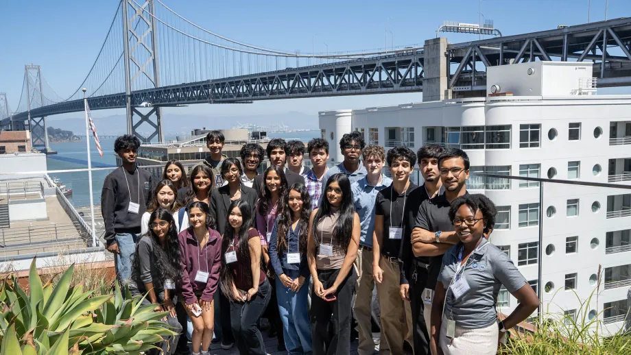 MTC staff member Martha Silver with high school students from the 2026 cohort of the Norman Mineta Bay Area Summer Academy.