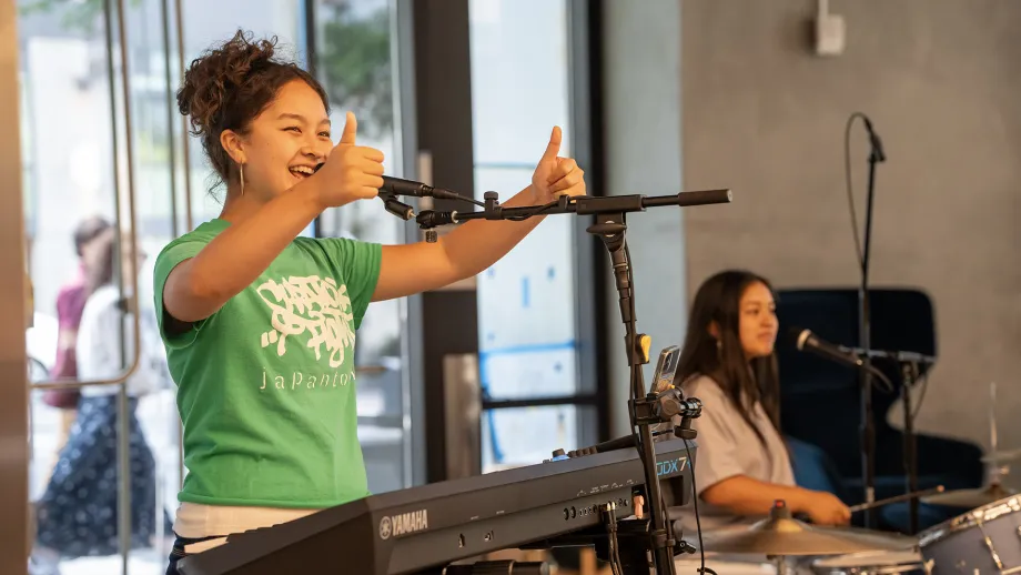 Musical group The Osada 3 perform for high school students from the 2026 cohort of the Norman Mineta Bay Area Summer Academy.
