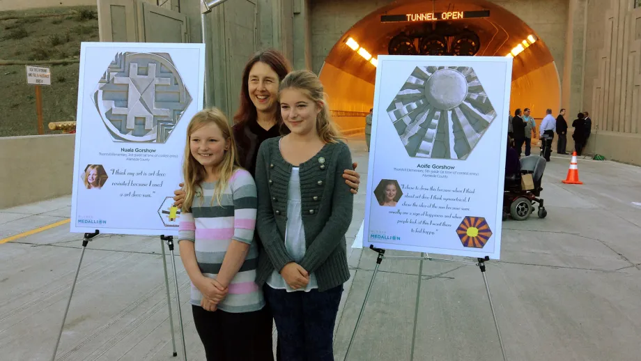 Two of the winning artists are sisters, Nuala Gorshow and Aoife Gorshow, who pose here with Assemblywoman Nancy Skinner. 
