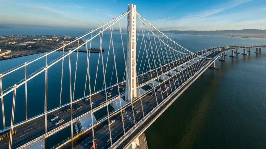 The Bay Bridge East Span's tower, looking down at the roadway from above.