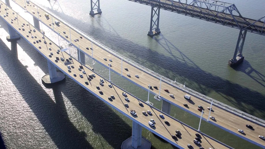 Aerial of traffic on the East Span of the San Francisco-Oakland Bay Bridge.