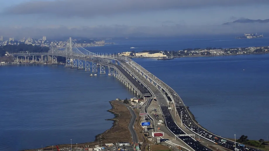 Aerial of the Oakland side and new East Span of the San Francisco-Oakland Bay Bridge.