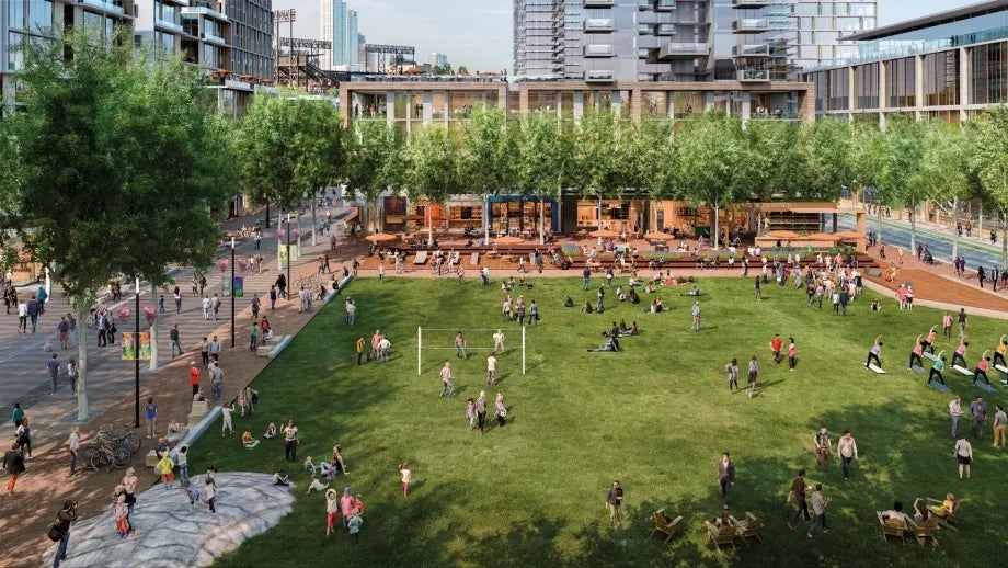 Rendering of an imagined park in a space formerly occupied by an under-used mall or office park.