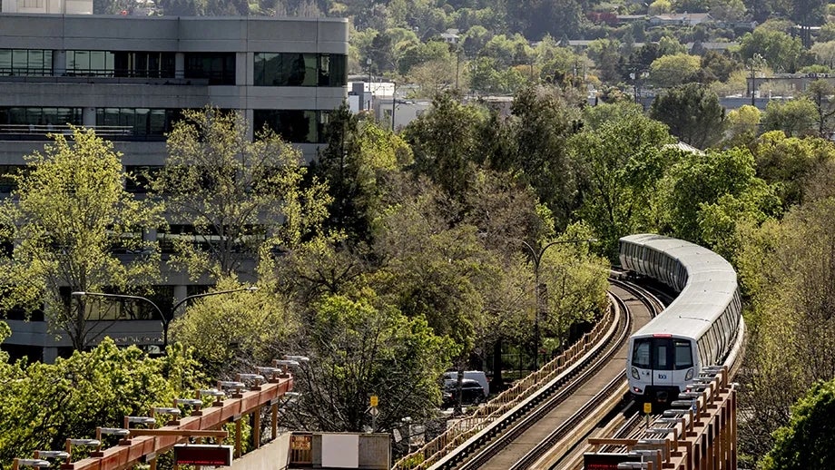 A BART train approaching Pleasant Hill BART station.