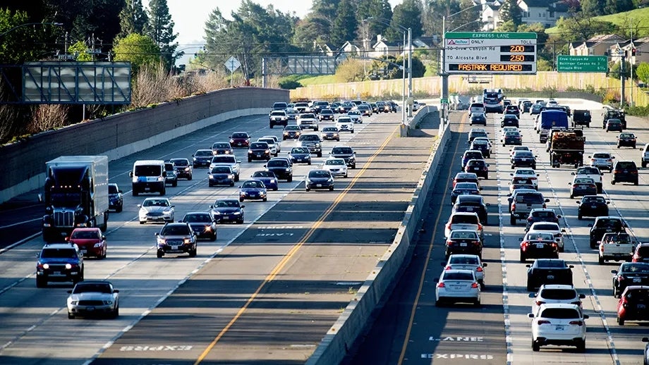 Rush hour traffic on Interstate 680, with free-flowing Express Lanes.