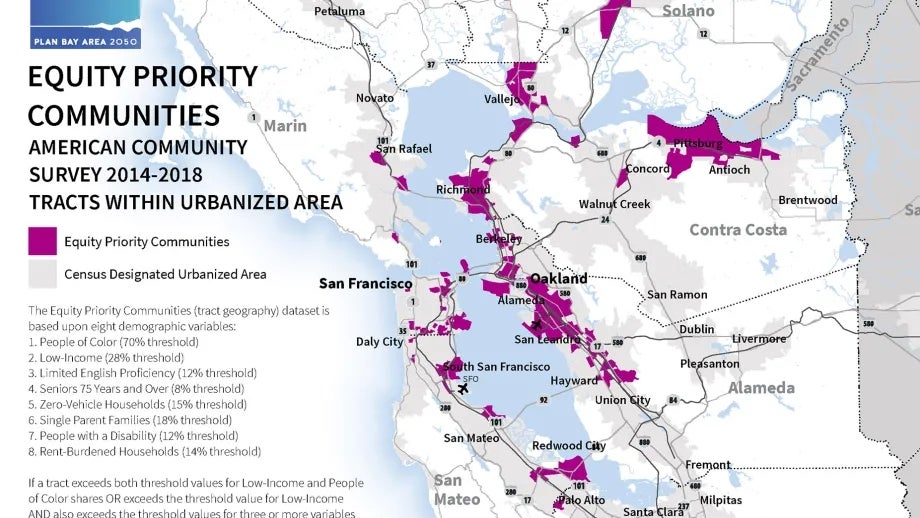 Partial view of the Equity Priority Communities map of the Bay Area.