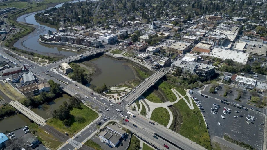 Aerial view of major roadways near Oxbow Commons in Napa.