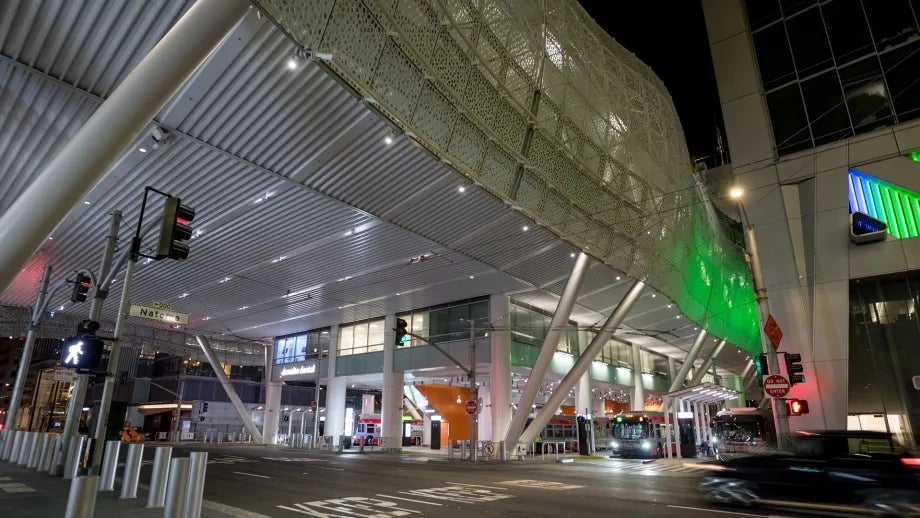 The Salesforce Transbay Transit Center at night.