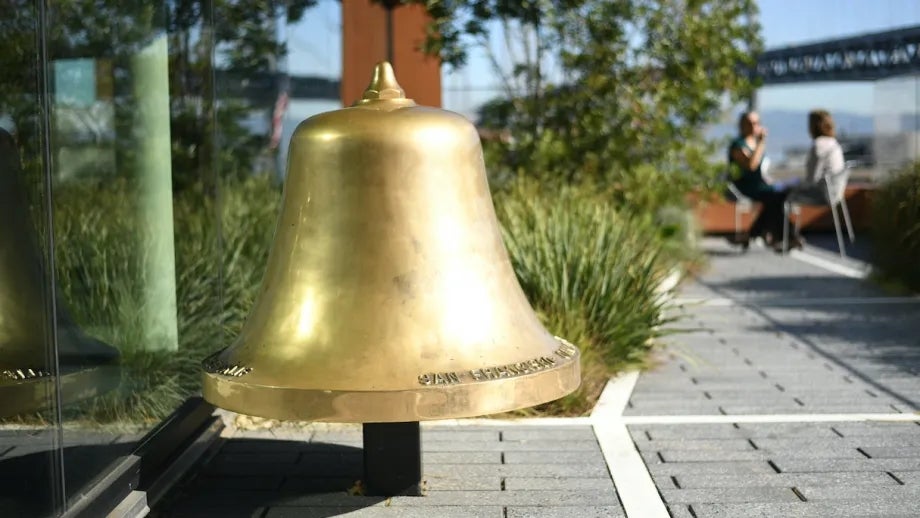 A salvaged “fog bell” from the San Francisco Oakland-Bay Bridge, now at 375 Beale Street.