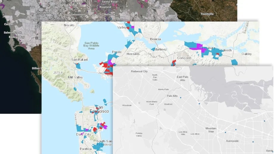 Three Bay Area maps illustrating samples of data available through MTC tools.