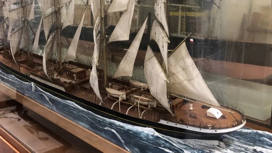 A model of an old ship at the San Francisco Maritime Historical Museum.