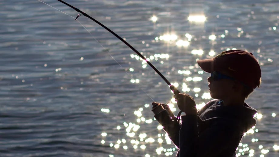 Silhouette of a child in a baseball cap holding a fishing rod with a taut line.