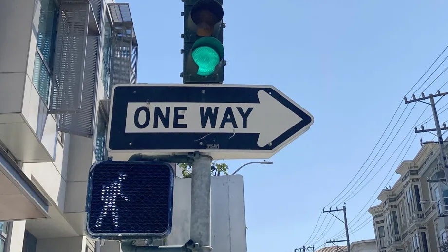 One-way sign, lit crosswalk sign, and a green traffic light on a pole together.