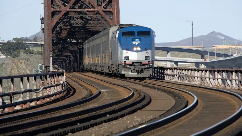 An Amtrak train on the Benicia-Martinez Bridge.