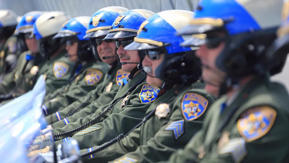 A row of California Highway Patrol motorcycle officers.