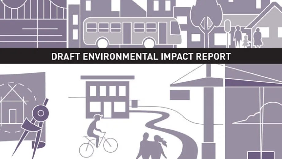 Illustration showing people at work and at play with "Draft Environmental Impact Report" banner across the top