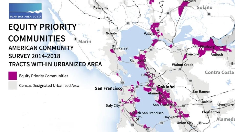 Partial view of the Equity Priority Communities map of the Bay Area.